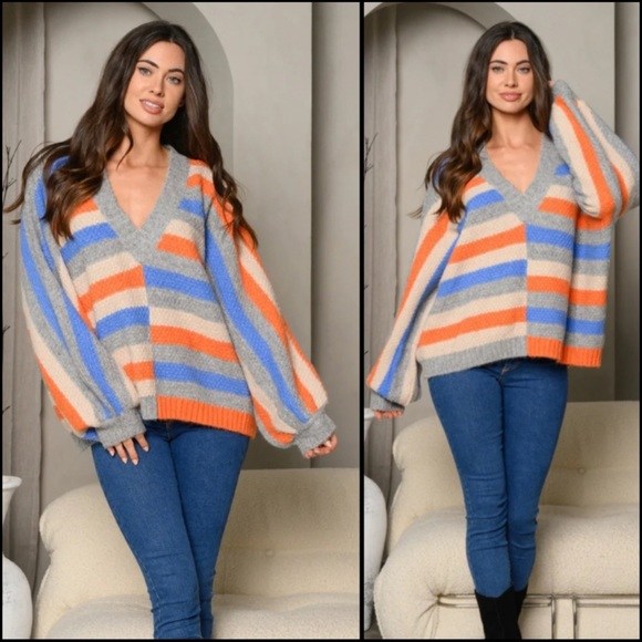 B6S💙🧡Gorgeous+soft oversized striped sweater w/ballon sleeves4desk2date! - Picture 1 of 6